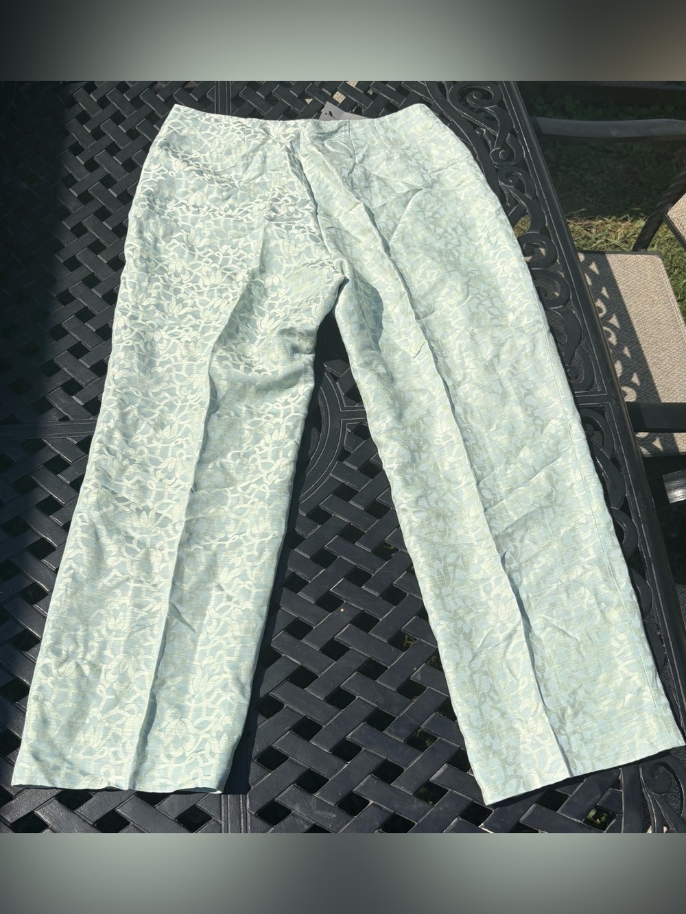 Sigrid Olsen Light Green Floral Straight-Leg Jacquard Linen Silk Blend Trousers